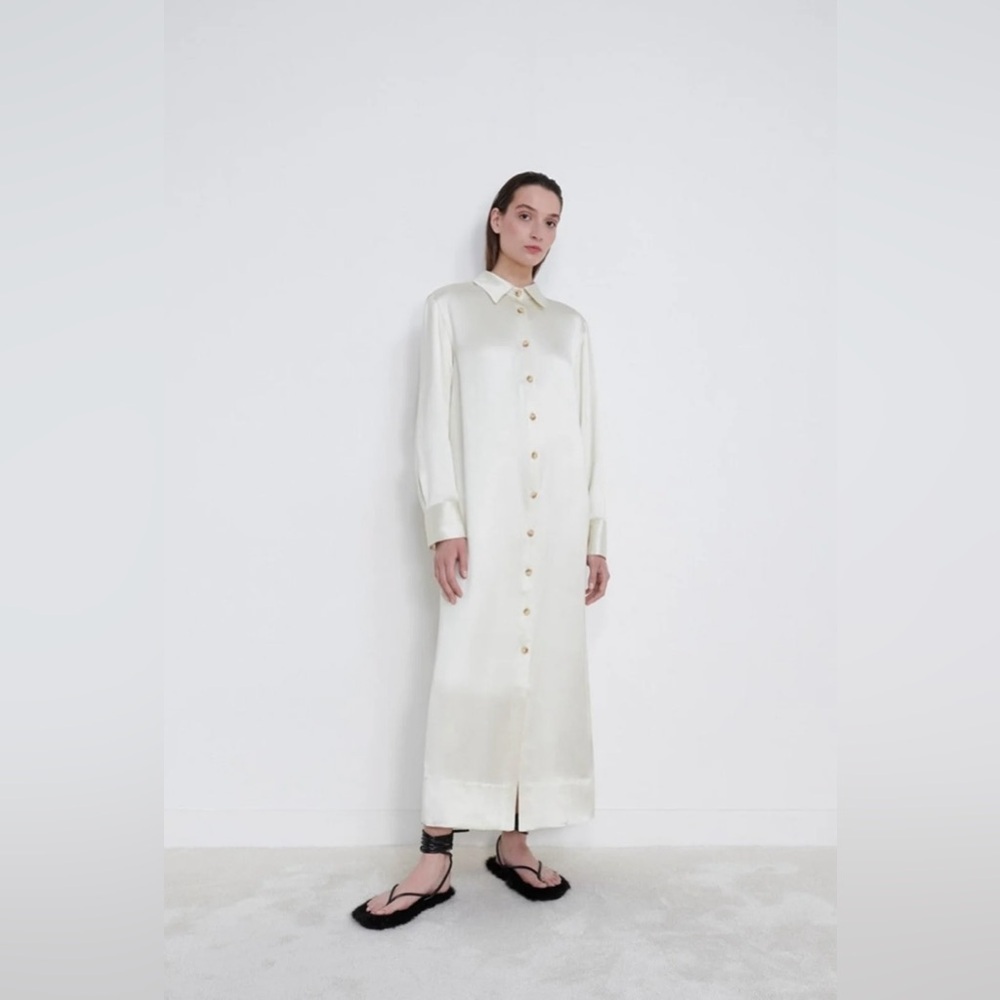 LouLou Studio Ara Satin Shirt Dress in Ivory Size XS NWT
